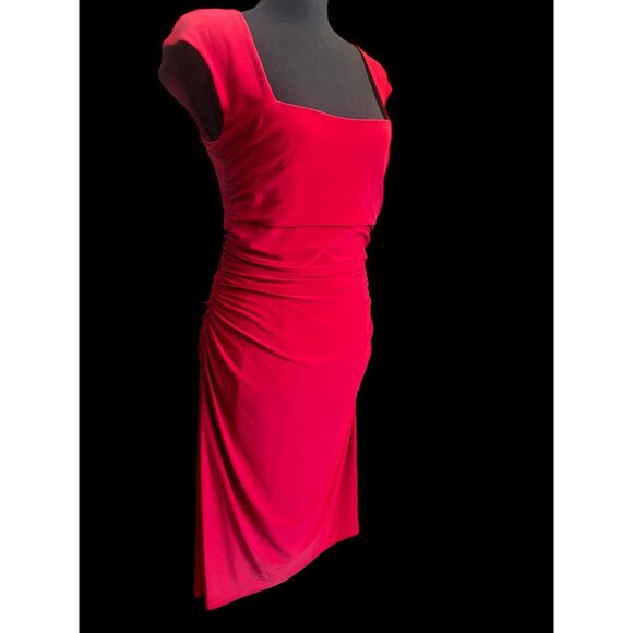 Lauren Ralph Lauren Midi Dress Women Red, size 10 Cap Sleeve Ruched Square Neckl - Picture 2 of 9